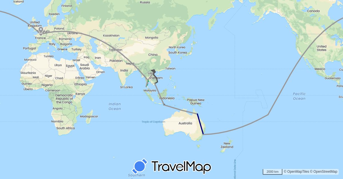 TravelMap itinerary: driving, bus, plane, boat, motorbike in Australia, France, Indonesia, Thailand, United States, Vietnam (Asia, Europe, North America, Oceania)